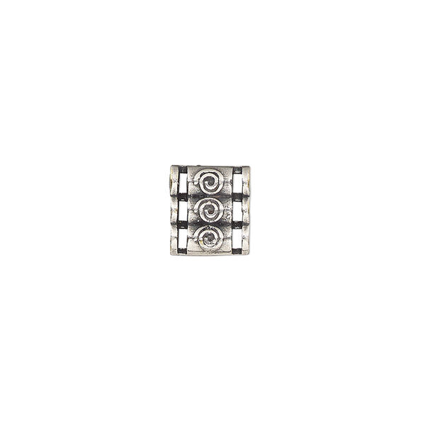 Spacer, antique silver-plated brass, 9.5x8.5mm double-sided 3-strand triple round tube with raised swirl design, fits up to 2mm bead. Sold individually. image number 0