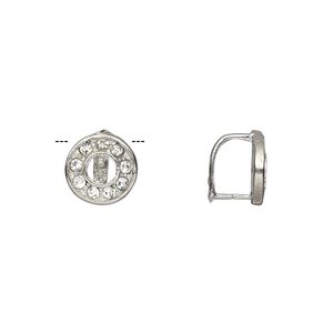 Bail, ice-pick, Egyptian glass rhinestone and imitation rhodium-plated brass, clear, 10mm round donut with 7x5.5mm grip length. Sold per pkg of 6.