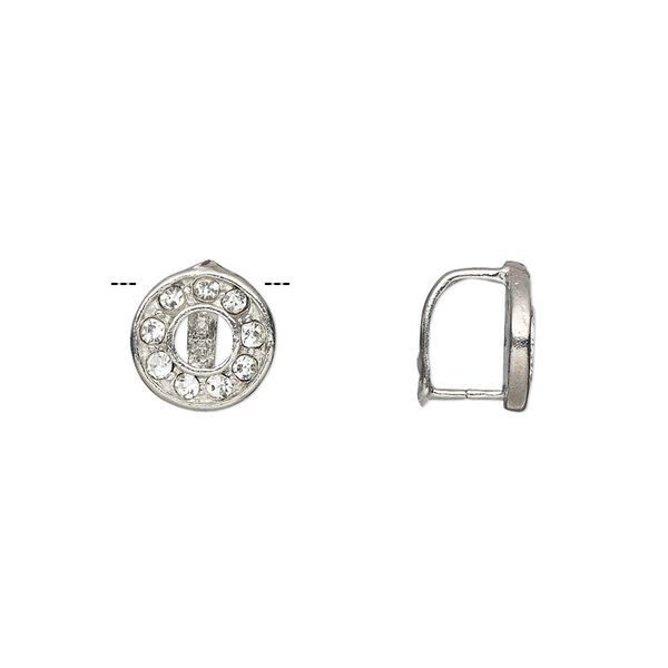 Bail, ice-pick, Egyptian glass rhinestone and imitation rhodium-plated brass, clear, 10mm round donut with 7x5.5mm grip length. Sold per pkg of 6. image number 0