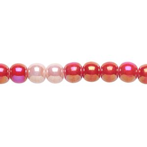 Bead, porcelain, opaque red and pink AB, 5-6mm round. Sold per 8-inch strand, approximately 35 beads.