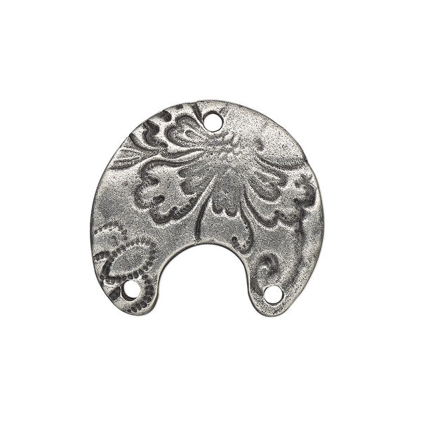 Connector, TierraCast®, "Vida Mas Dulce" collection, antiqued pewter (tin-based alloy), 21x19.5mm two-sided slightly domed naja with flora design and 3 holes. Sold per pkg of 2. image number 0