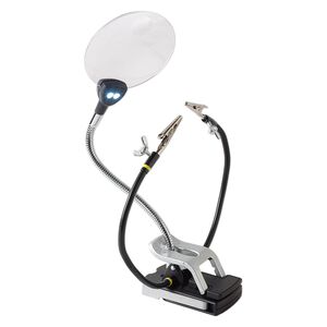 Helping hands and magnifier, Excel™, acrylic / rubber / steel, clear / black / yellow, 21-1/2 x 13-3/4 inches with 3-1/2 inch magnifier and LED lights. Sold individually.