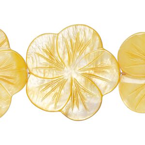 Bead, mother-of-pearl shell (dyed), golden yellow, 29x28mm-31x30mm carved flat flower, 0.6-0.8mm hole, Mohs hardness 3-1/2. Sold per 15-inch strand.