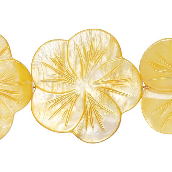 Bead, mother-of-pearl shell (dyed), golden yellow, 29x28mm-31x30mm carved flat flower, 0.6-0.8mm hole, Mohs hardness 3-1/2. Sold per 15-inch strand. image number 0