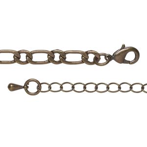 Chain, dark antique brass-plated brass, 5mm long and short flat oval, 16 inches with 2-inch extender chain and lobster claw clasp. Sold individually.