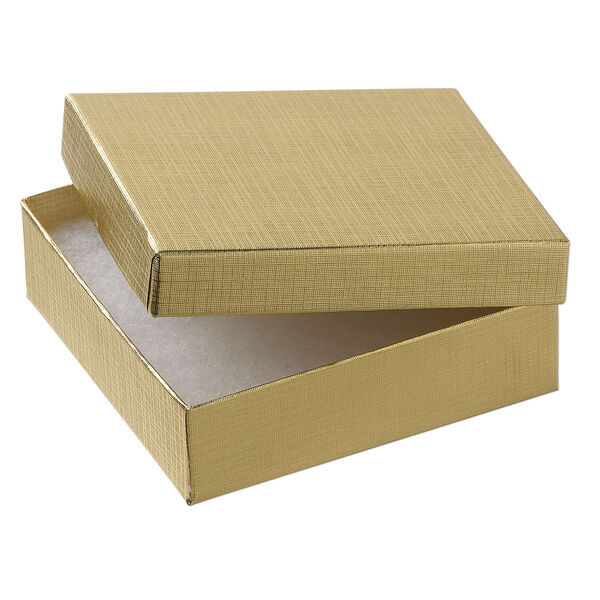 Box 1pkg6, paper and "cotton" filled, gold, 3-1/2 x 3-1/2 x 1 inches square image number 1