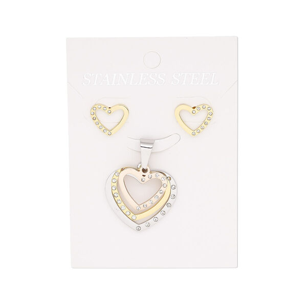 Pendant and earring, glass rhinestone / stainless steel / copper- / gold-finished stainless steel, clear, 26x24mm triple open heart pendant, 12.5x12.5mm open heart with post. Sold per set. image number 0
