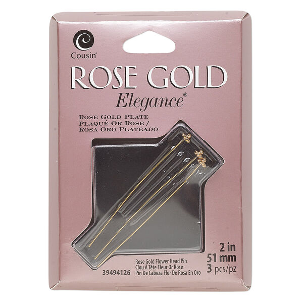 Head pin, rose gold-plated copper and lacquer, 2 inches with 4mm flower, 23-gauge. Sold per pkg of 3. image number 0