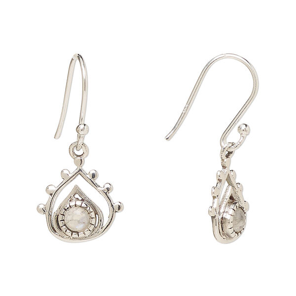 Ear wire, Create Compliments®, antiqued sterling silver and rainbow moonstone (natural), fishhook, 26.5mm with 13x12.5mm single-sided open teardrop, 21 gauge. Sold per pair. image number 0