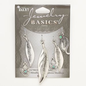 Charm and drop assortment, brass, pkg/6, antique silver finish and teal green, assorted shapes.