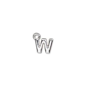 Charm, silver-finished "pewter" (zinc-based alloy), 9.5x7.5mm alphabet letter W. Sold per pkg of 2.