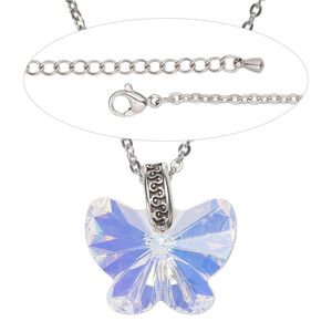 Necklace, Everyday Jewelry™,  brass / crystal / stainless steel, butterfly  pendant on antiqued-silver chain with lobster claw clasp, 24 inches. Sold individually.