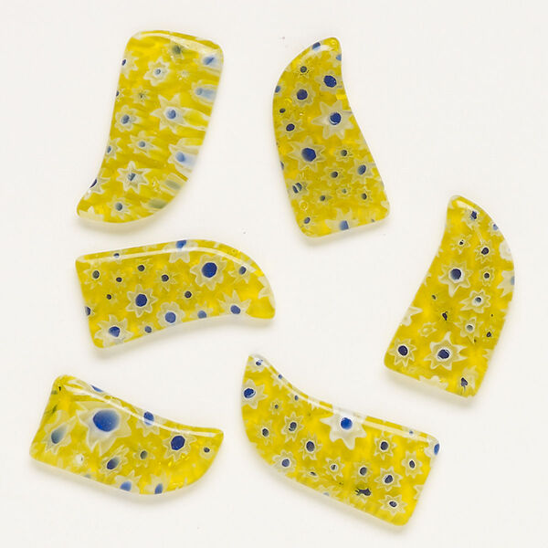 Component, millefiori glass, translucent yellow and multicolored, 22x12mm-29x14mm undrilled talon. Sold per pkg of 6. image number 0