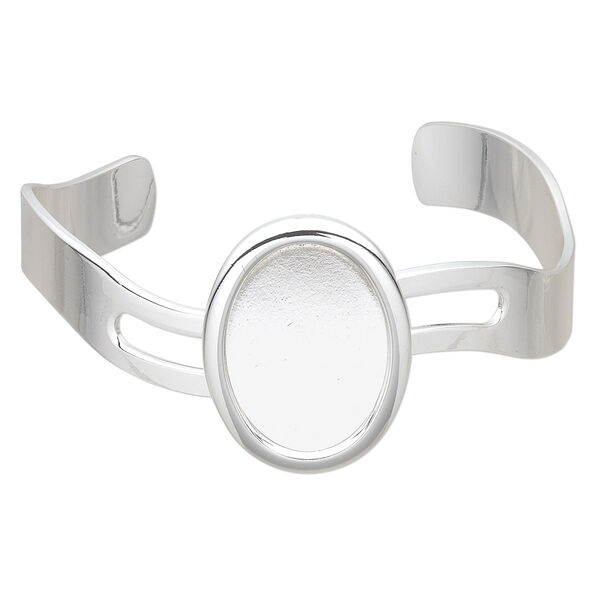 Bracelet, cuff, silver-plated brass and "pewter" (zinc-based alloy), 63x30mm with wave design and 25x18mm oval setting, adjustable. Sold individually. image number 0