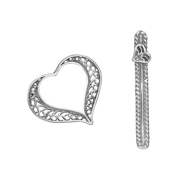 Clasp, toggle, antiqued sterling silver, 20x18mm heart with filigree pattern. Sold individually. image number 0