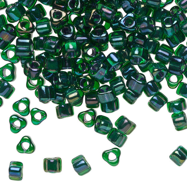 Seed bead, Miyuki 1pkg10g, glass, #5 triangle, transparent metallic blue inside dyed color green (TR-1812) image number 0