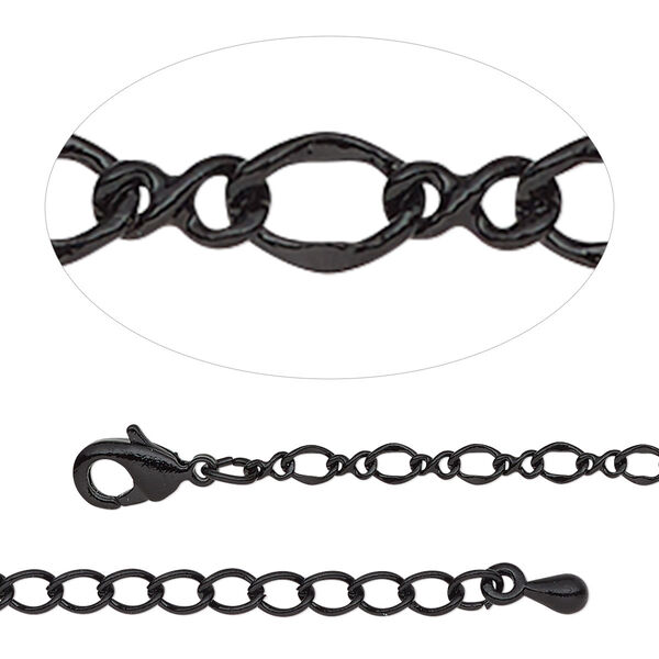 Chain, black-finished steel and brass, 2.7mm figure 8, 18 inches with 2-inch extender chain and lobster claw clasp. Sold individually. image number 0