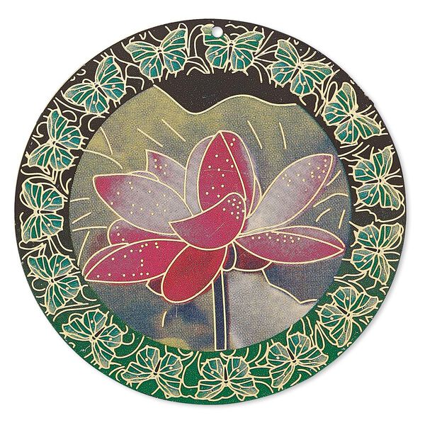 Focal, Lazer Lace™, color film and gold-finished brass, multicolored, 47mm single-sided round with lotus flower and butterfly design. Sold per pkg of 2. image number 0