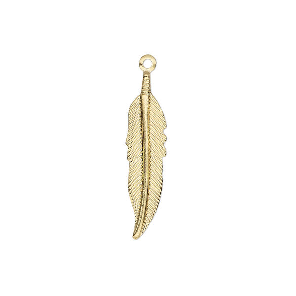 Charm, gold-plated brass, stamped, 25x6mm single-sided feather. Sold per pkg of 100. image number 0