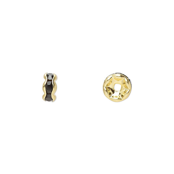 Bead, glass rhinestone and gold-finished brass, black, 6x3mm rondelle. Sold per pkg of 10. image number 0