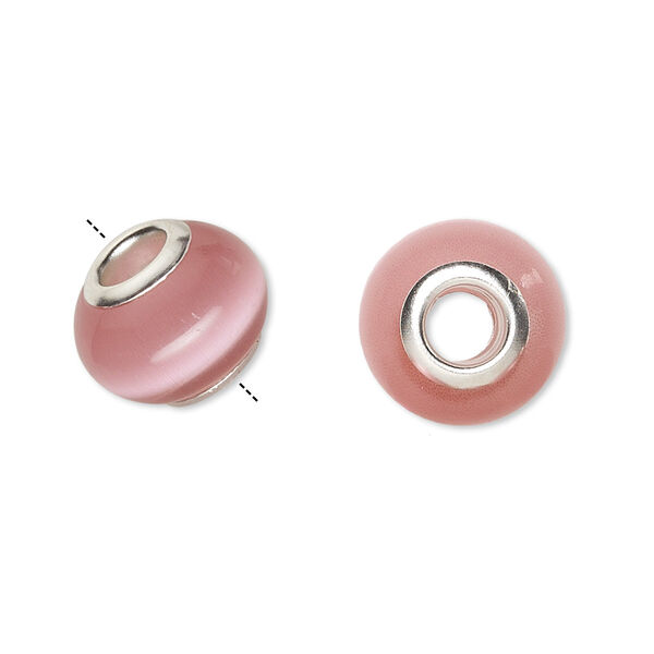 Bead, Dione®, cat's eye glass (fiber optic glass) and silver-plated brass grommets, pink, 13x10mm-14x10mm rondelle. Sold per pkg of 6. image number 0