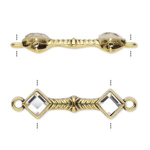 Link, glass rhinestone and antiqued gold-finished "pewter" (zinc-based alloy), clear, 31x9mm double-drilled bar with diamond design, fits up to 21.5mm bead. Sold per pkg of 10.