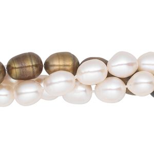 Pearl mix, cultured freshwater (bleached / dyed), white and copper, 6-8mm rice, C+ grade, Mohs hardness 2-1/2 to 4. Sold per pkg of (3) 14-inch strands.