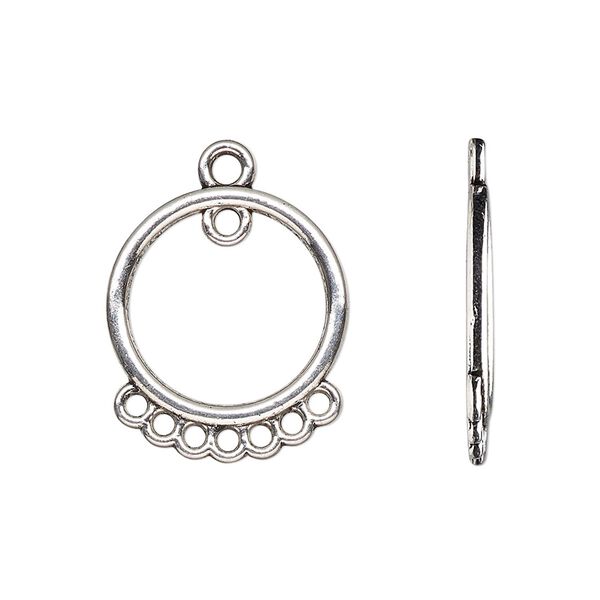 Drop, antique silver-finished "pewter" (zinc-based alloy), 18mm single-sided open round with 8 closed loops. Sold per pkg of 20. image number 0