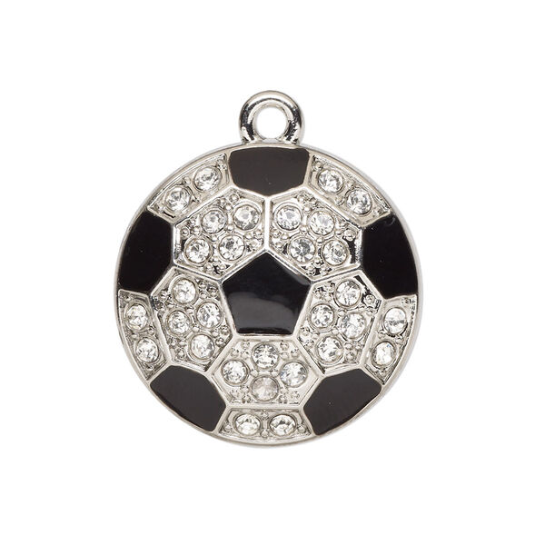 Charm, enamel / glass / silver-finished "pewter" (zinc-based alloy), black and clear, 25mm single-sided domed soccer ball. Sold individually. image number 0
