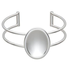 Bracelet, Almost Instant Jewelry®, cuff, silver-plated brass and "pewter" (zinc-based alloy), 65x35mm with 30x22mm oval setting, adjustable. Sold individually.