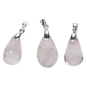 Amethyst / pewter (tin-based alloy) 1pkg3, imitation rhodium-finished teardrop freeform pendant natural 23x12mm-26x17mm