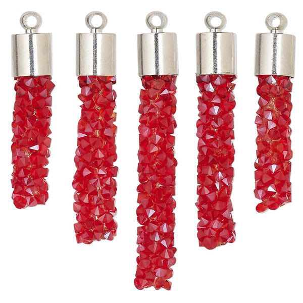 Focal, glass / resin / imitation rhodium-finished brass, red, 22.5x6mm-37x6mm graduated fan stick. Sold per 5-piece set. image number 0