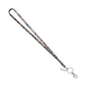 Lanyard, faux suede / acrylic rhinestone / silver- / nickel-plated "pewter" (zinc-based alloy), multicolored, 8mm wide, 34 inches with lobster claw clasp. Sold individually.