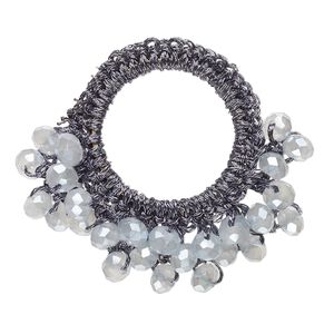 Focal, glass / nylon / steel, dark grey, 34x32mm-37x34mm open round with fringe. Sold per pkg of 4.