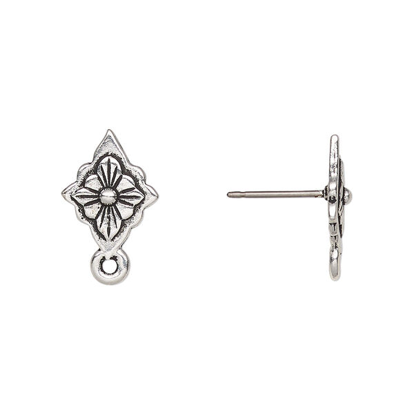 Earstud, TierraCast®, antique silver-plated pewter, 14x10mm scalloped diamond with reina flower design, 21 gauge. Sold per pkg of 5 pairs. image number 0