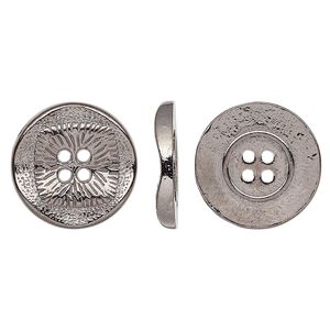 Button, gunmetal-finished "pewter" (zinc-based alloy), 17mm single-sided wavy flat round with textured square design. Sold per pkg of 20.
