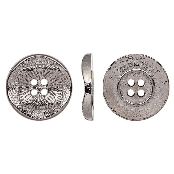Button, gunmetal-finished "pewter" (zinc-based alloy), 17mm single-sided wavy flat round with textured square design. Sold per pkg of 20. image number 0