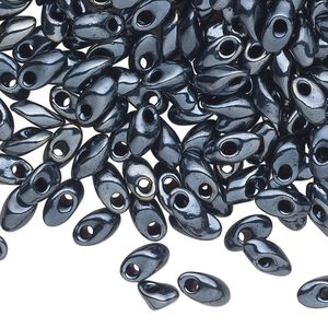 Seed bead, Miyuki, glass, pkg/250g, 7x4mm long magatama, opaque luster metallic gunmetal, (LMA-464).