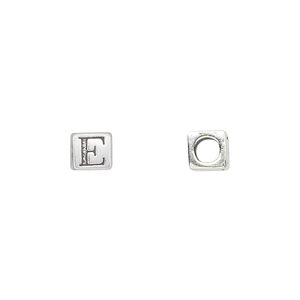 Bead, sterling silver, 5.5mm cube with alphabet letter "E." Sold individually.