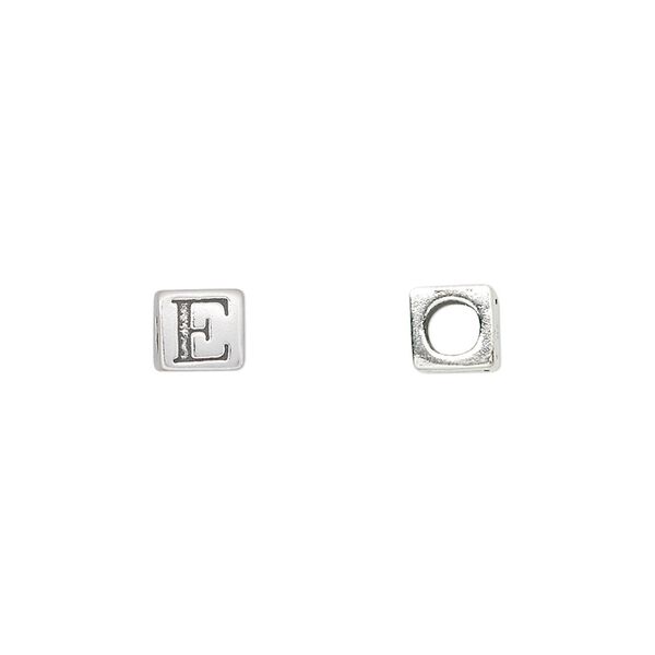 Bead, sterling silver, 5.5mm cube with alphabet letter "E." Sold individually. image number 0