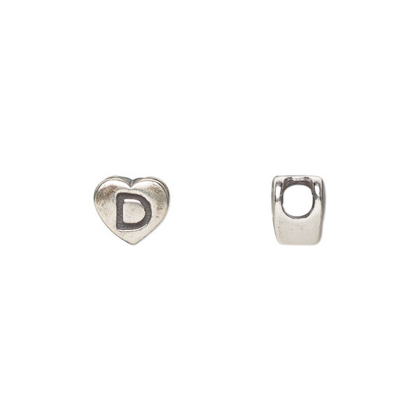 Bead, sterling silver, 7.5x7mm heart with alphabet letter "D." Sold individually. image number 0
