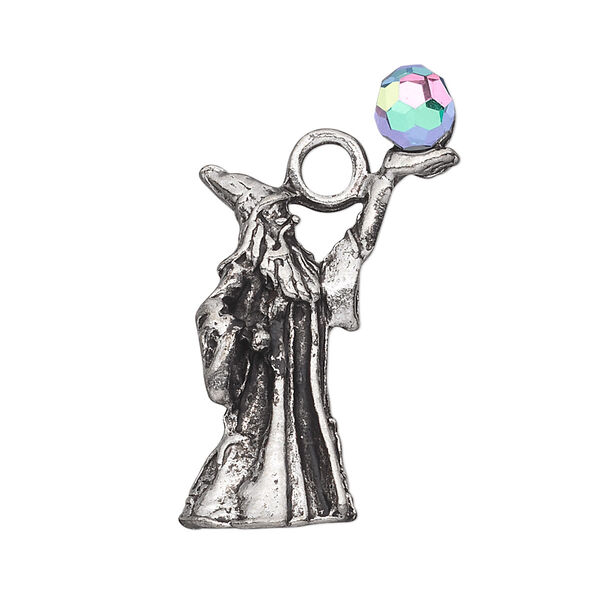 Focal, glass and antiqued pewter (tin-based alloy), clear AB, 34x21mm wizard. Sold individually. image number 0