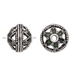 Bead, enamel and antique silver-plated brass, transparent green, 16x14mm beaded rondelle with star design. Sold individually.