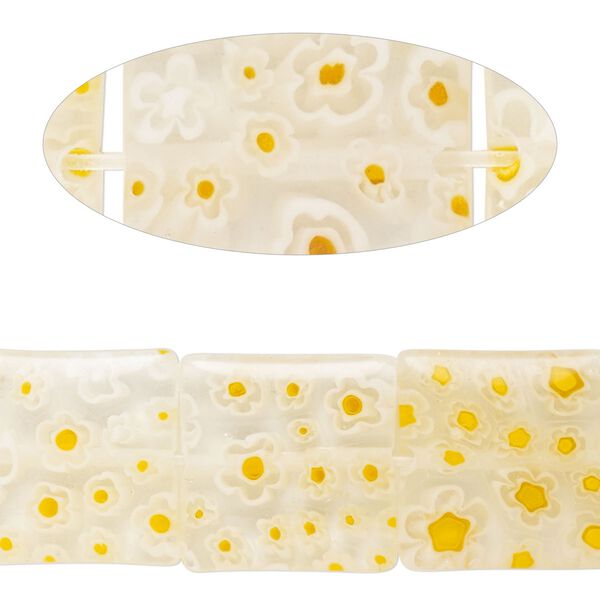 Bead, millefiori glass, translucent clear / white / orange, 15mm-17x16mm puffed square with flower design. Sold per 14-inch strand. image number 0