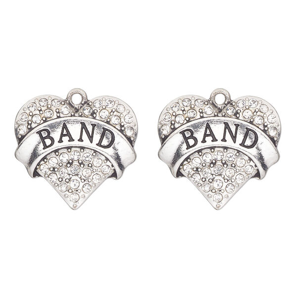 Charm, antique silver-finished "pewter" (zinc-based alloy) and glass, clear, 24x22mm single-sided heart with "band". Sold per pkg of 2. image number 0