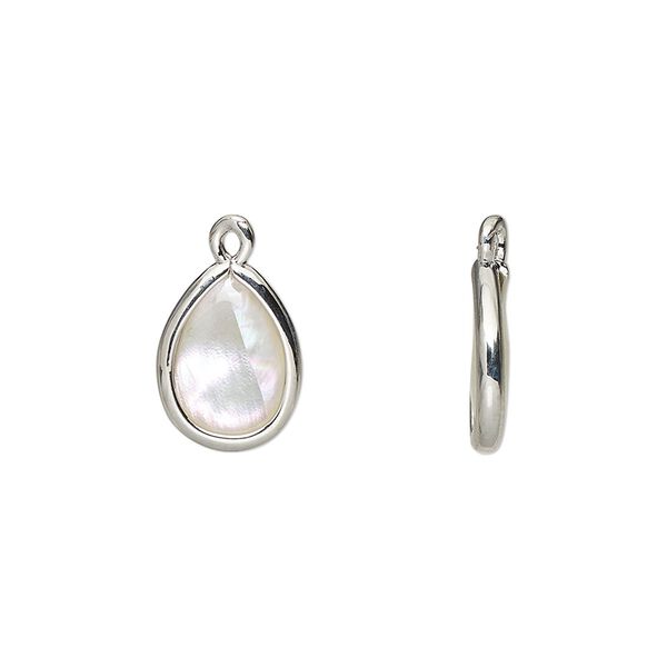 Drop, mother-of-pearl shell and imitation rhodium-finished brass (assembled), 13x8mm-14x9mm double-sided teardrop. Sold per pkg of 4. image number 0