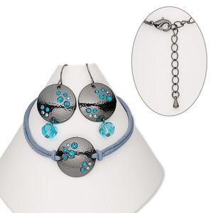 Bracelet and earring, glass rhinestone / gunmetal-finished "pewter" (zinc-based alloy) / steel / brass, light blue and blue, round, 7-1/2 inches with lobster claw clasp and 2-inch extender chain, 37x20mm earrings with fishhook ear wire. Sold per set.