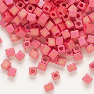 Seed bead, Miyuki, glass, pkg/25g, 3.5-3.7mm square, opaque frosted rainbow red (SB-407FR).