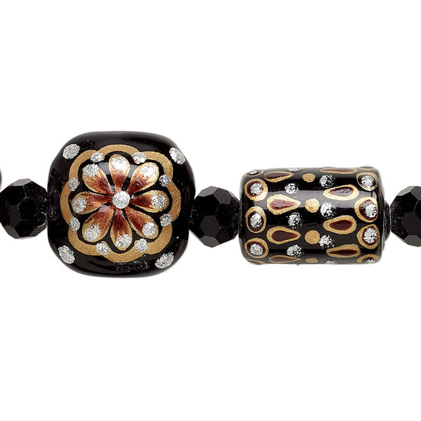Bead, glass and lampworked glass, black / multi-browns / metallic silver, 6mm faceted round and 10x10mm-16x10mm double-sided multi-shape with hand-painted abstract design. Sold per 7-inch strand. image number 0