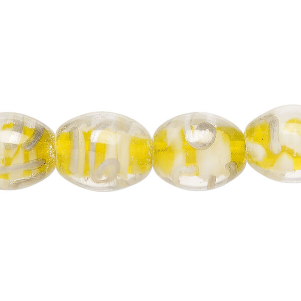 Bead, lampworked glass, translucent multicolored, 13x11mm-14x12mm oval with swirl design. Sold per 8-inch strand, approximately 15 beads. image number 0
